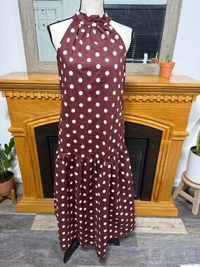 Nicole Miller polka dot high neck maxi dress brown and white with pockets small
